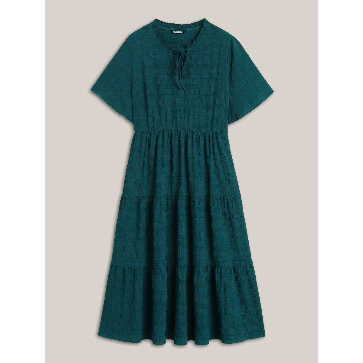 Plus Size Stretchy Waist Frill Trim Pockets Midi Dress Teal Women Elegant Tie knot Flat collar with V-notch Short sleeve Curvy BloomChic 14-16/1X Product Image
