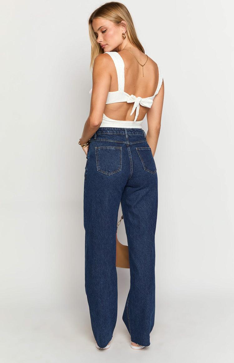 Kansis Dark Blue Uneven Waist Jeans Product Image