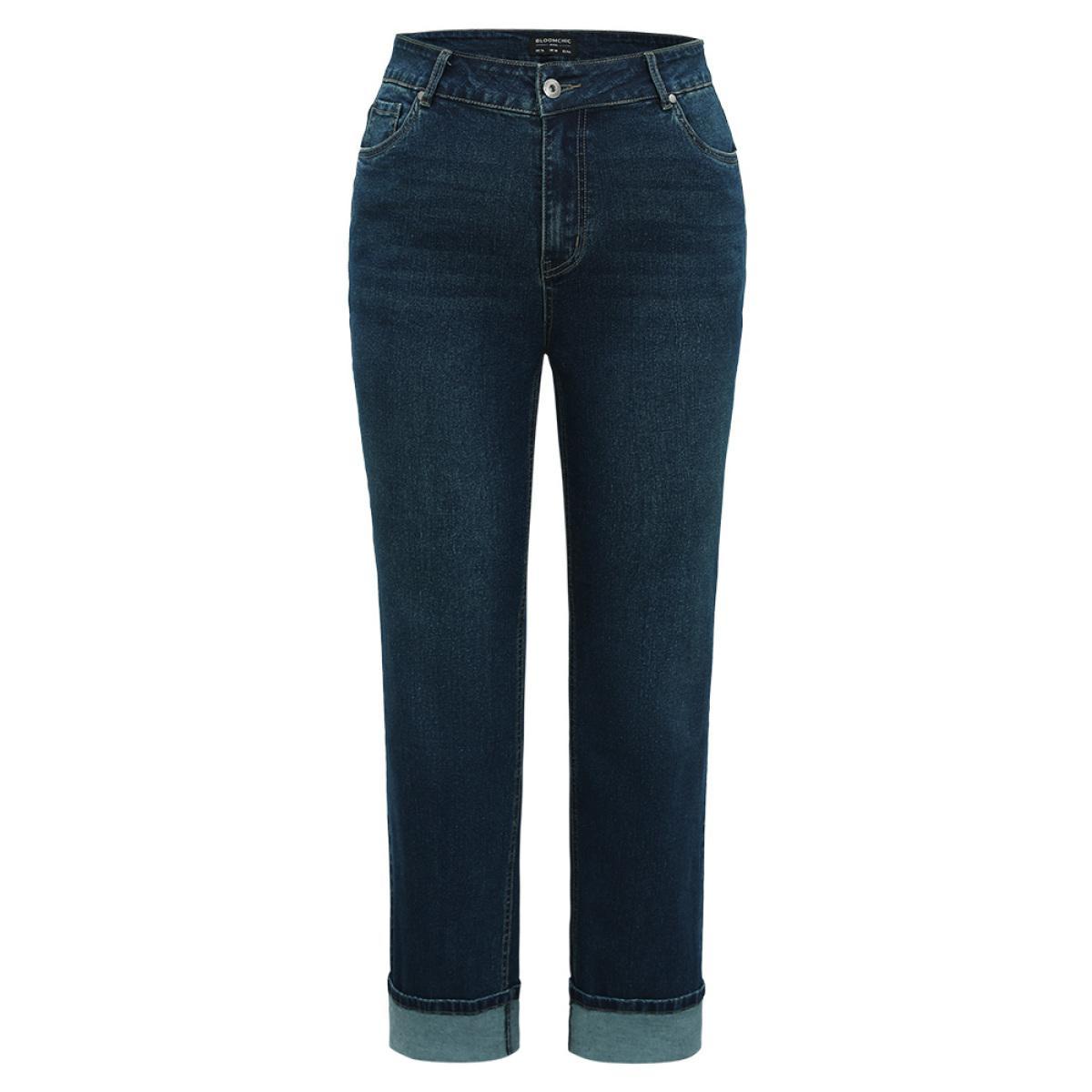 Plus Size Straight Leg Pocket Roll Hem Jeans Women Indigo Casual Plain Plain High stretch Pocket Jeans BloomChic 14/1X Product Image