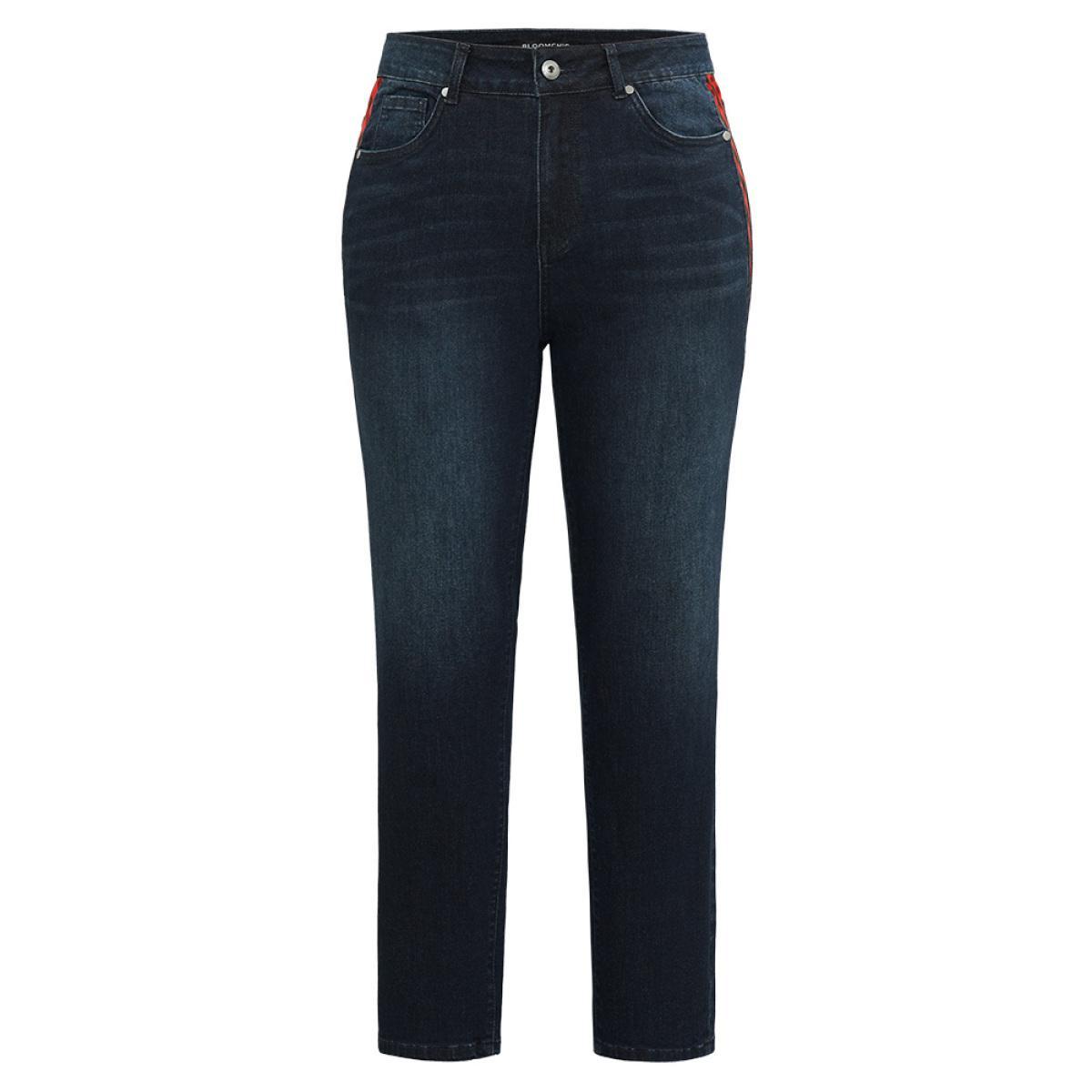 Plus Size Very Stretchy High Rise Dark Wash Embroidery Back Jeans Women DarkBlue Casual Plain Embroidered High stretch Jeans BloomChic 18/2X Product Image