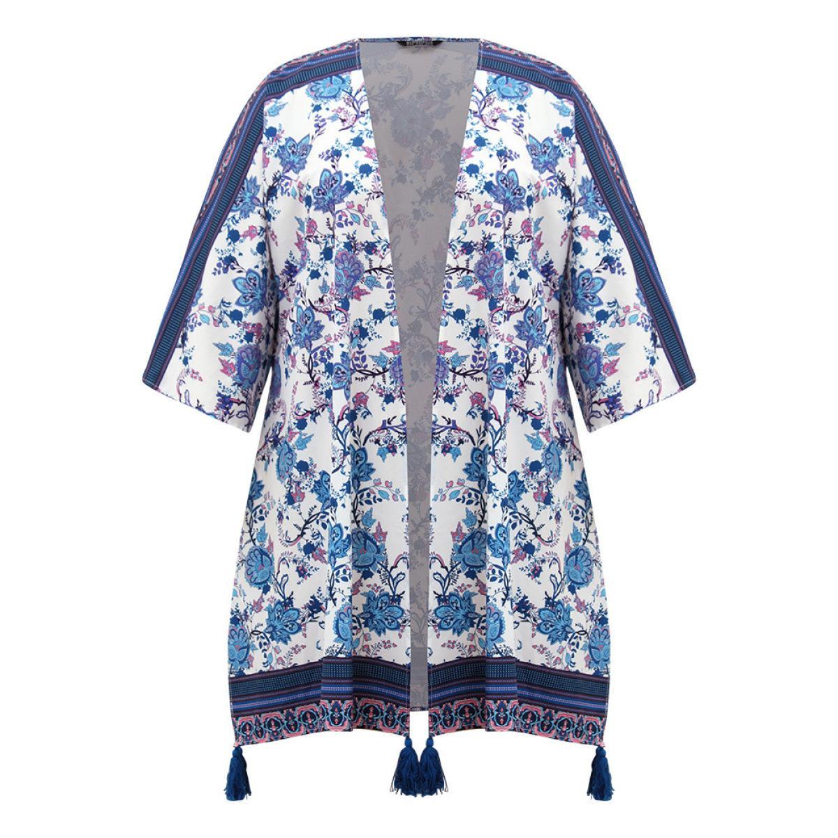 Plus Size Floral Print Tassels Trim Split Side Kimono Women Cerulean Casual Drape Pocket Dailywear Kimonos BloomChic 22-24/3X Product Image