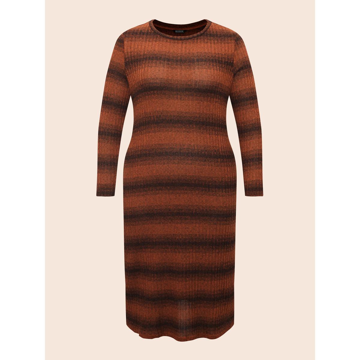Plus Size Ombre Striped Rib Knit Slim Fit Dress OrangeRed Women Casual Texture Round Neck Long Sleeve Curvy BloomChic 10/M Product Image