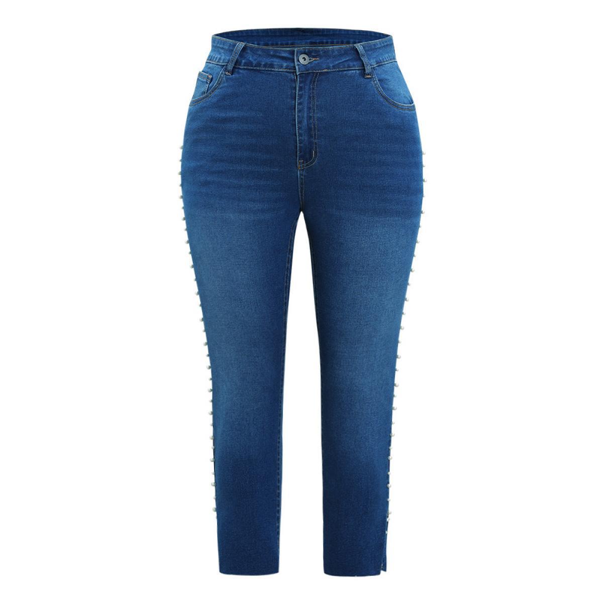 Plus Size Beaded Split Side Pocket High Rise Jeans Women Blue Elegant Plain Beaded High stretch Pocket Jeans BloomChic 22/3X Product Image
