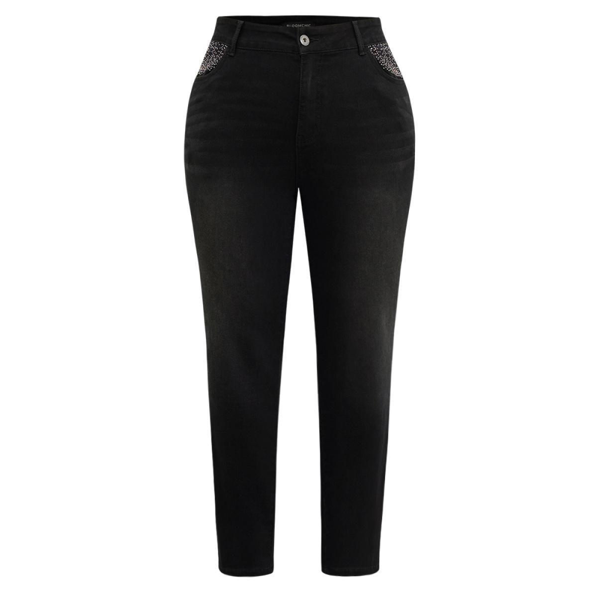 Plus Size Rhinestone Detail Straight Leg Black Wash Jeans Women DimGray Casual Plain Rhinestone detailing High stretch Pocket Jeans BloomChic 18/2X Product Image
