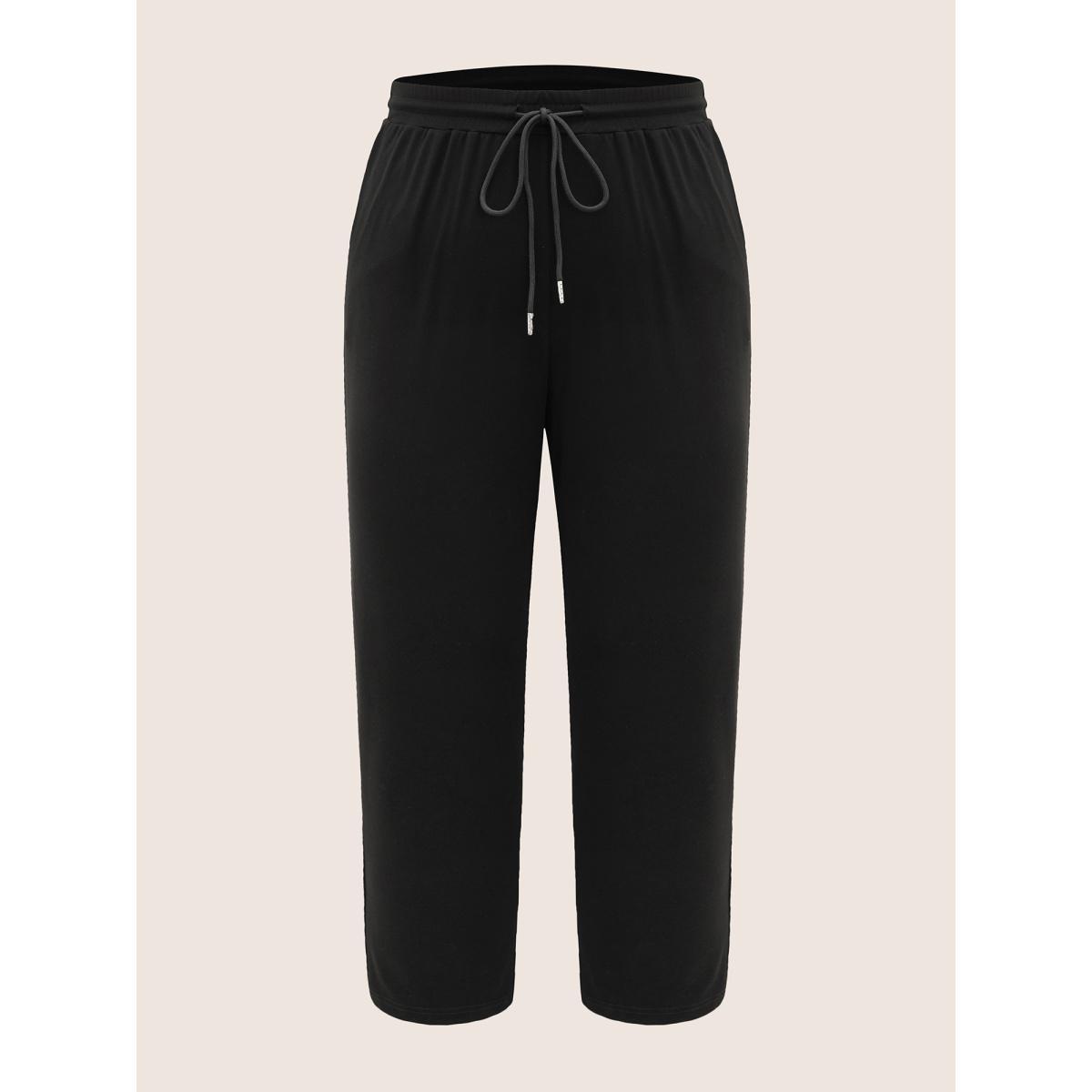 Plus Size Plain Drawstring Waist Tapered Pants Women Black Casual High Rise Everyday Pants BloomChic 22-24/3X Product Image