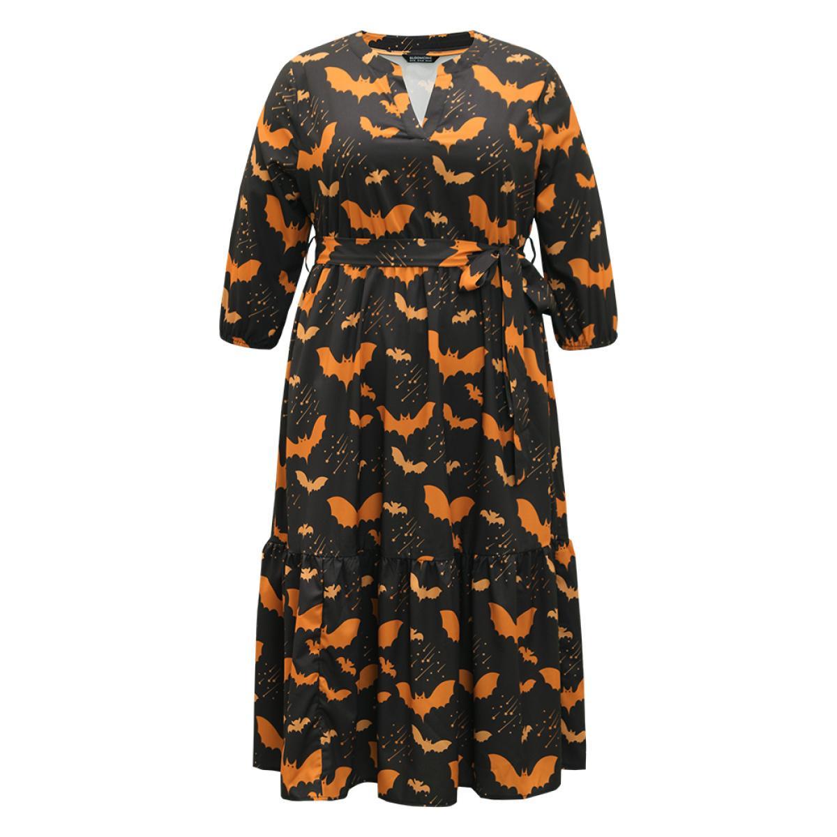 Plus Size Halloween Bat Print Notched Belted Pocket Dress Black Women Office Elastic cuffs Notched collar Elbow-length sleeve Curvy Midi Dress BloomChic 28/5X Product Image