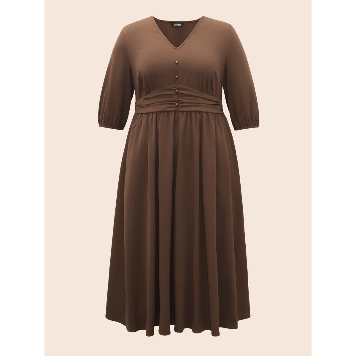 Plus Size V Neck Shirred Ruched Midi Dress DarkBrown Women Elegant Gathered V-neck Elbow-length sleeve Curvy BloomChic 14-16/1X Product Image