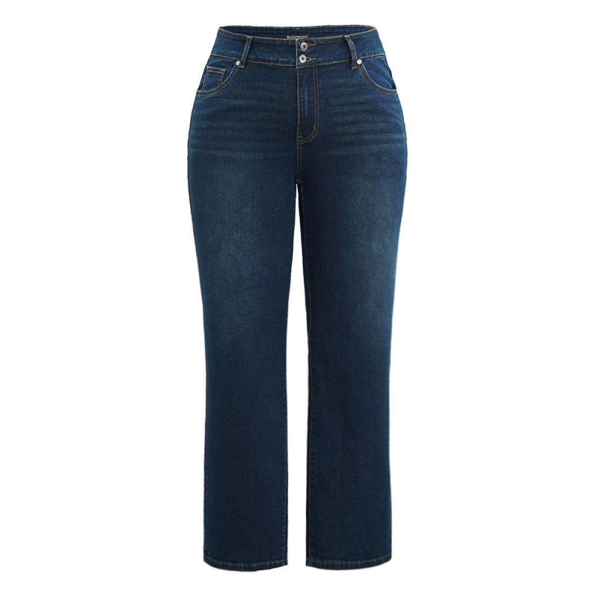 Plus Size Straight Leg Full Length Pocket Zipper Jeans Women Indigo Casual Plain Plain High stretch Pocket Jeans BloomChic 26/4X Product Image