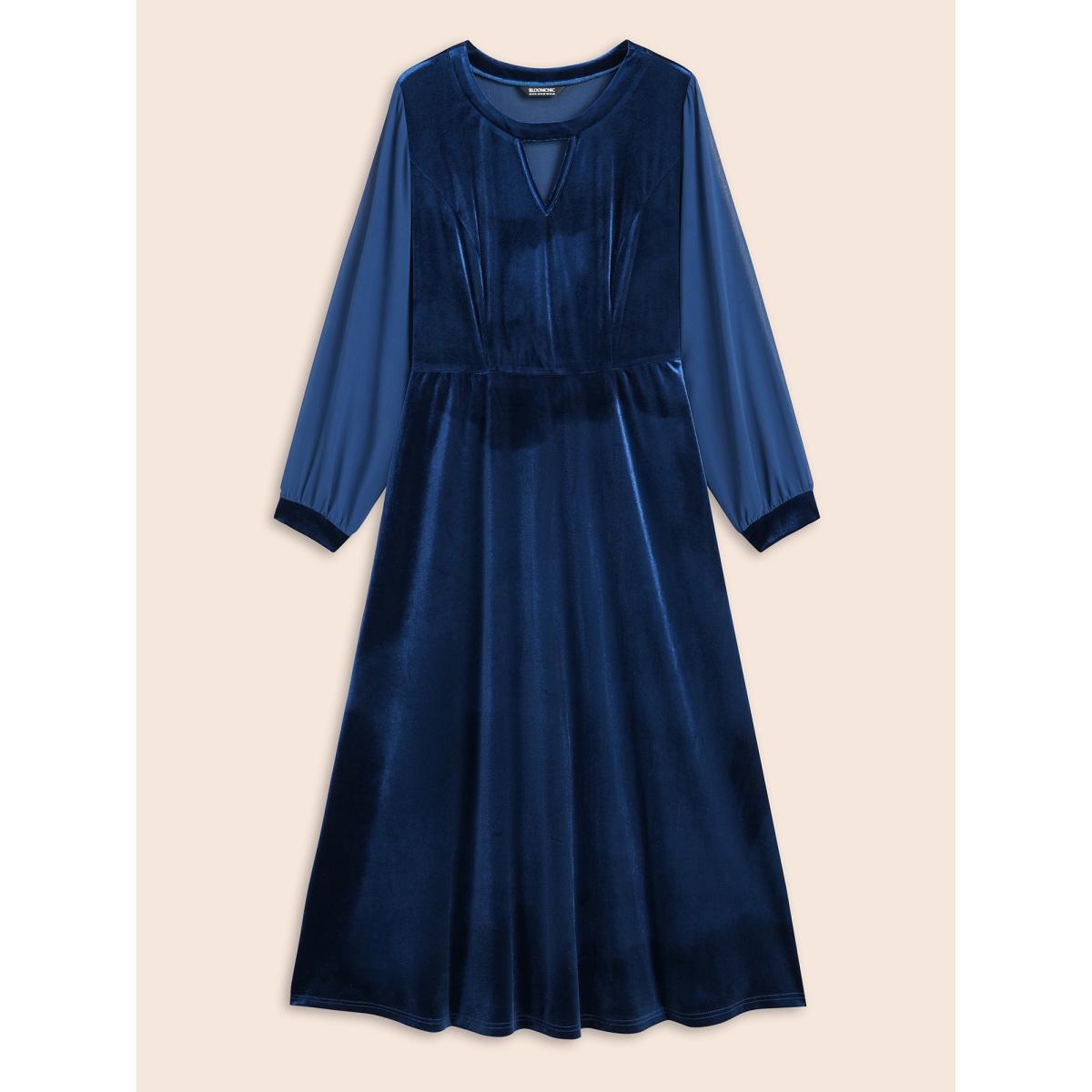 Plus Size Velvet Patchwork Chiffon Keyhole Midi Dress Indigo Women Cocktail Texture Party Curvy Bloomchic 10/M Product Image