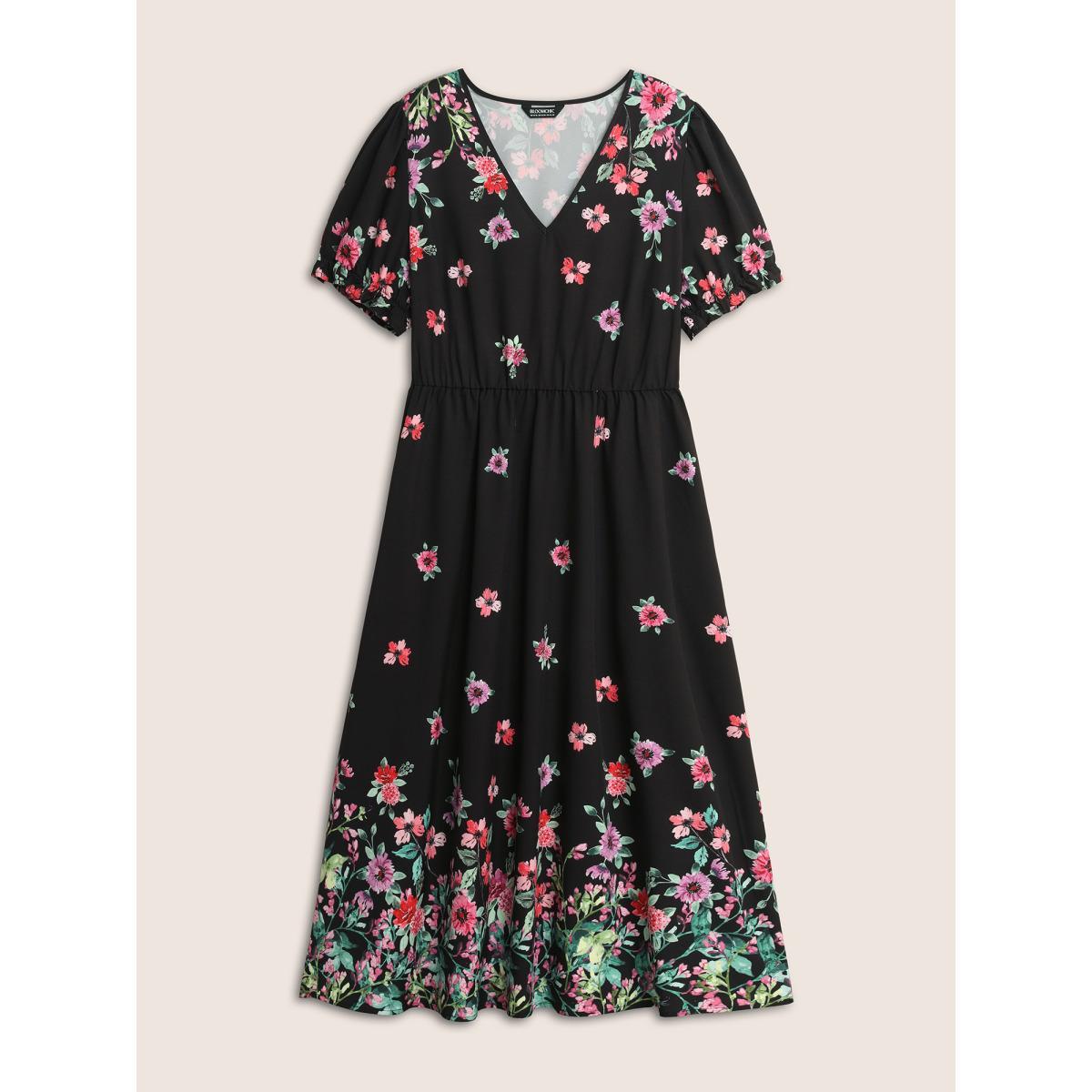 Plus Size Boho Print V Neck Elastic Waist Dress Black Women Elegant Gathered V-neck Short sleeve Curvy BloomChic 26/4X Product Image