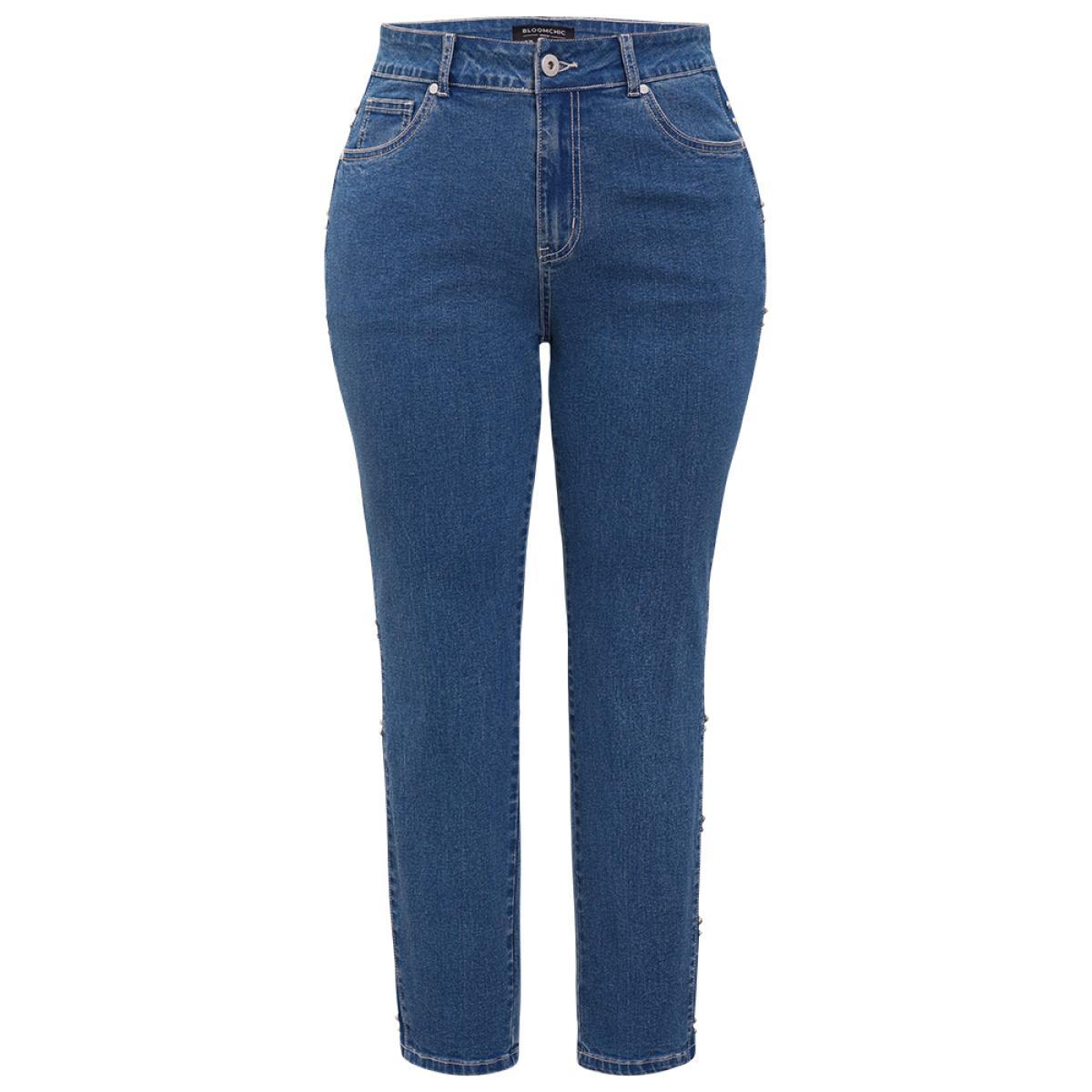 Plus Size Pearl Beaded Patchwork Medium Wash Jeans Women Indigo Casual Colorblock Beaded High stretch Pocket Jeans BloomChic 12/L Product Image