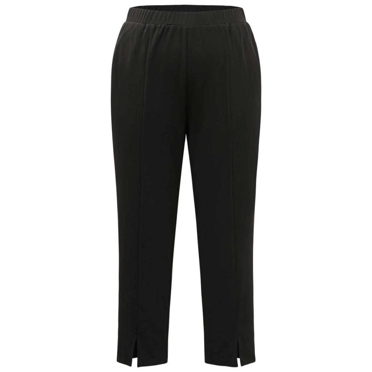 Plus Size Plain Split Hem Pocket Elastic Waist Pants Women Black At the Office High Rise Work Pants BloomChic 28/5X Product Image