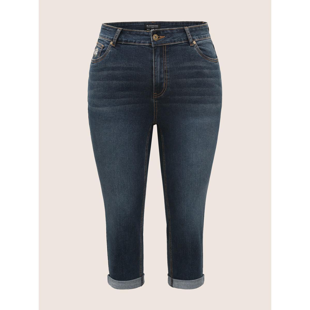 Plus Size Vintage Slanted Pocket Roll Hem Jeans Women DarkBlue Casual High stretch Slanted pocket Jeans BloomChic 10/M Product Image