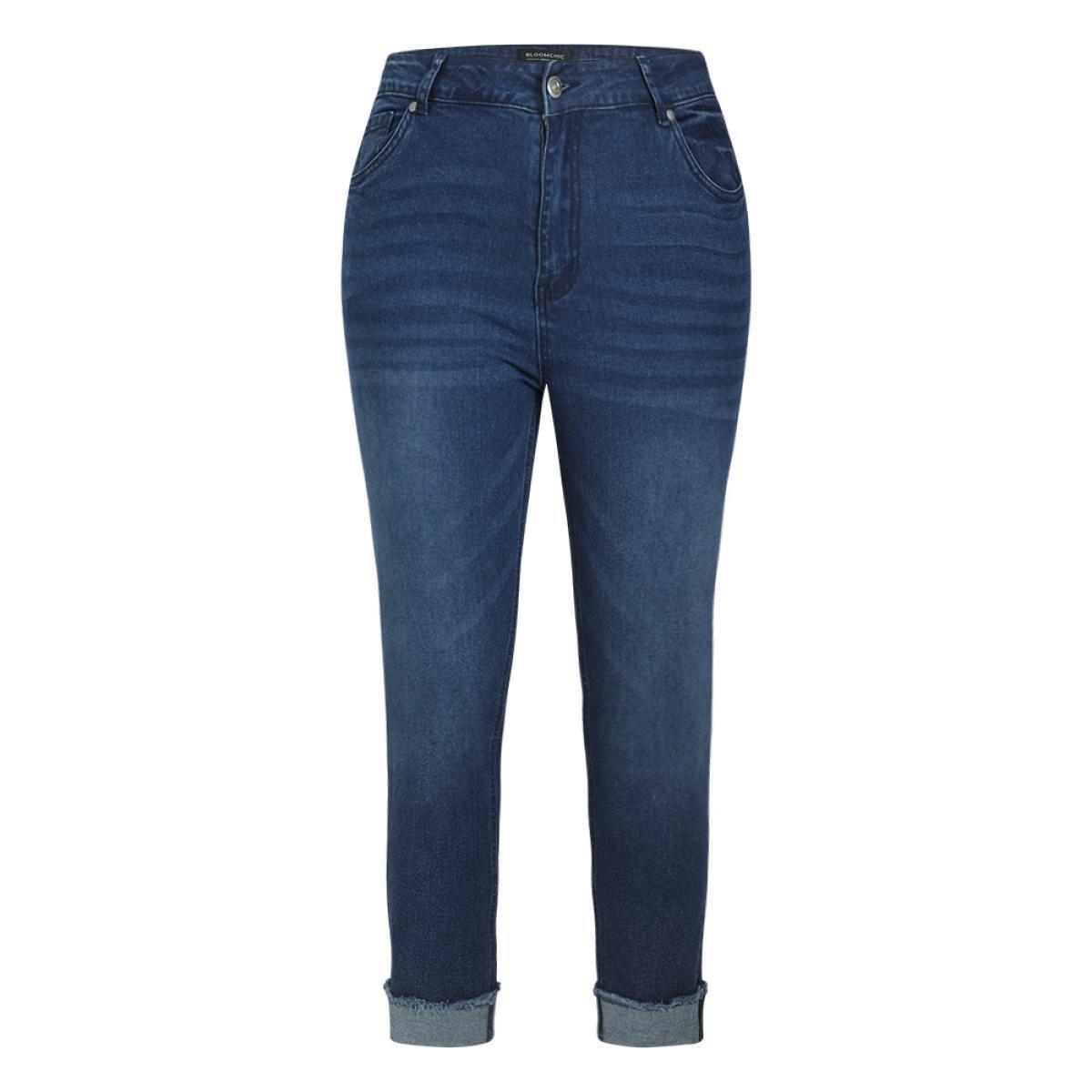 Plus Size Solid Frayed Roll Hem High Rise Jeans Women Blue Casual Plain Plain High stretch Pocket Jeans BloomChic 16/1X Product Image