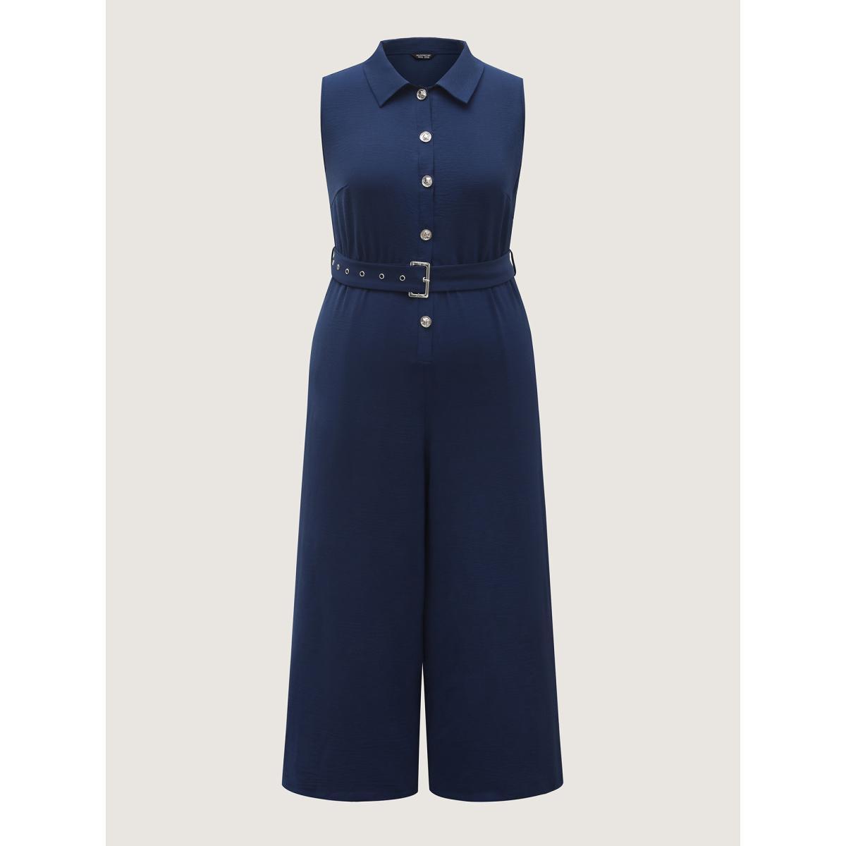 Plus Size Indigo Belted Waist-Cinched Wide-Leg Jumpsuit Women Sleeveless Shirt collar Work Loose Jumpsuits BloomChic 26/4X Product Image