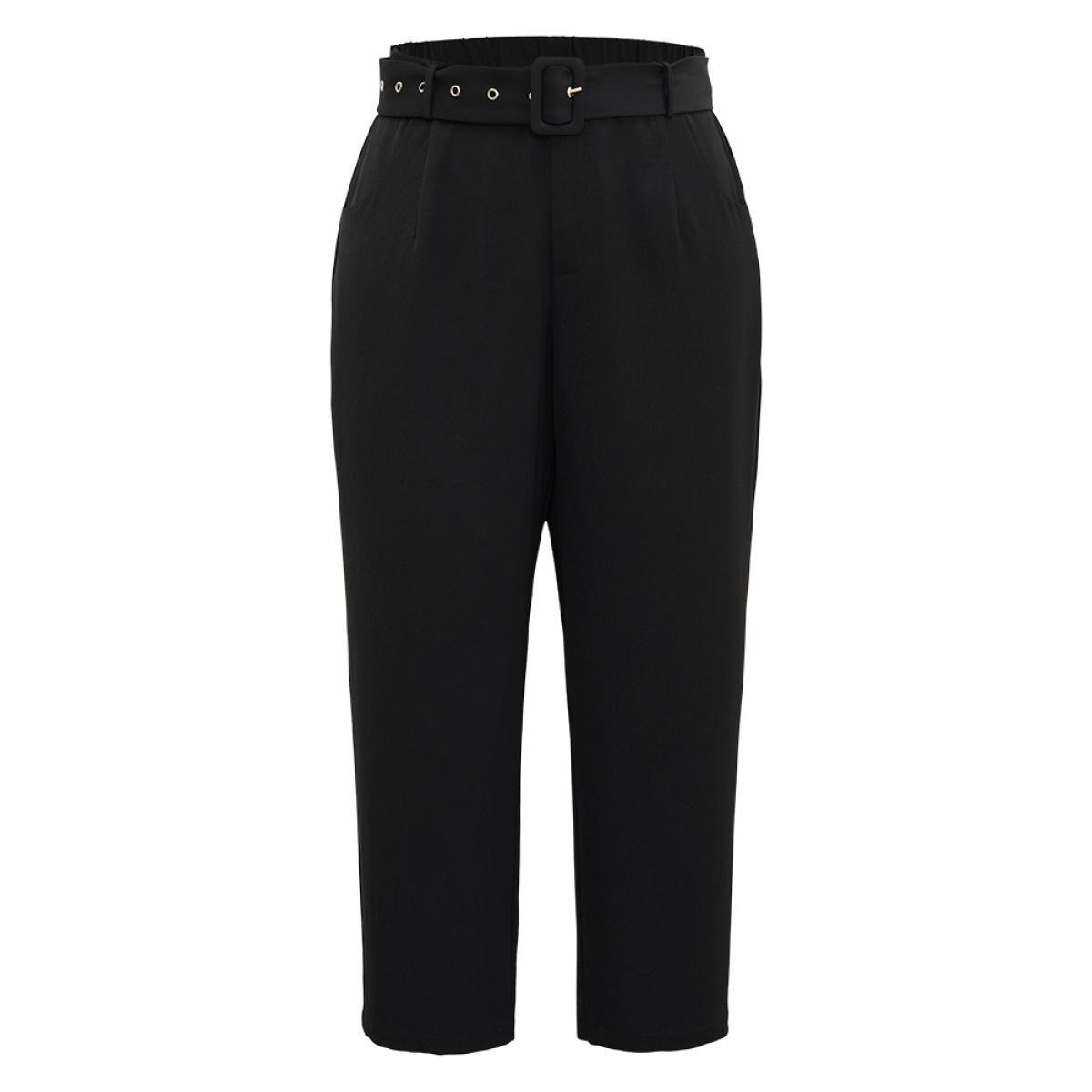 Plus Size Static-Free Buckle Detail Eyelet Pants Women Black Office High Rise Work Pants BloomChic 22-24/3X Product Image