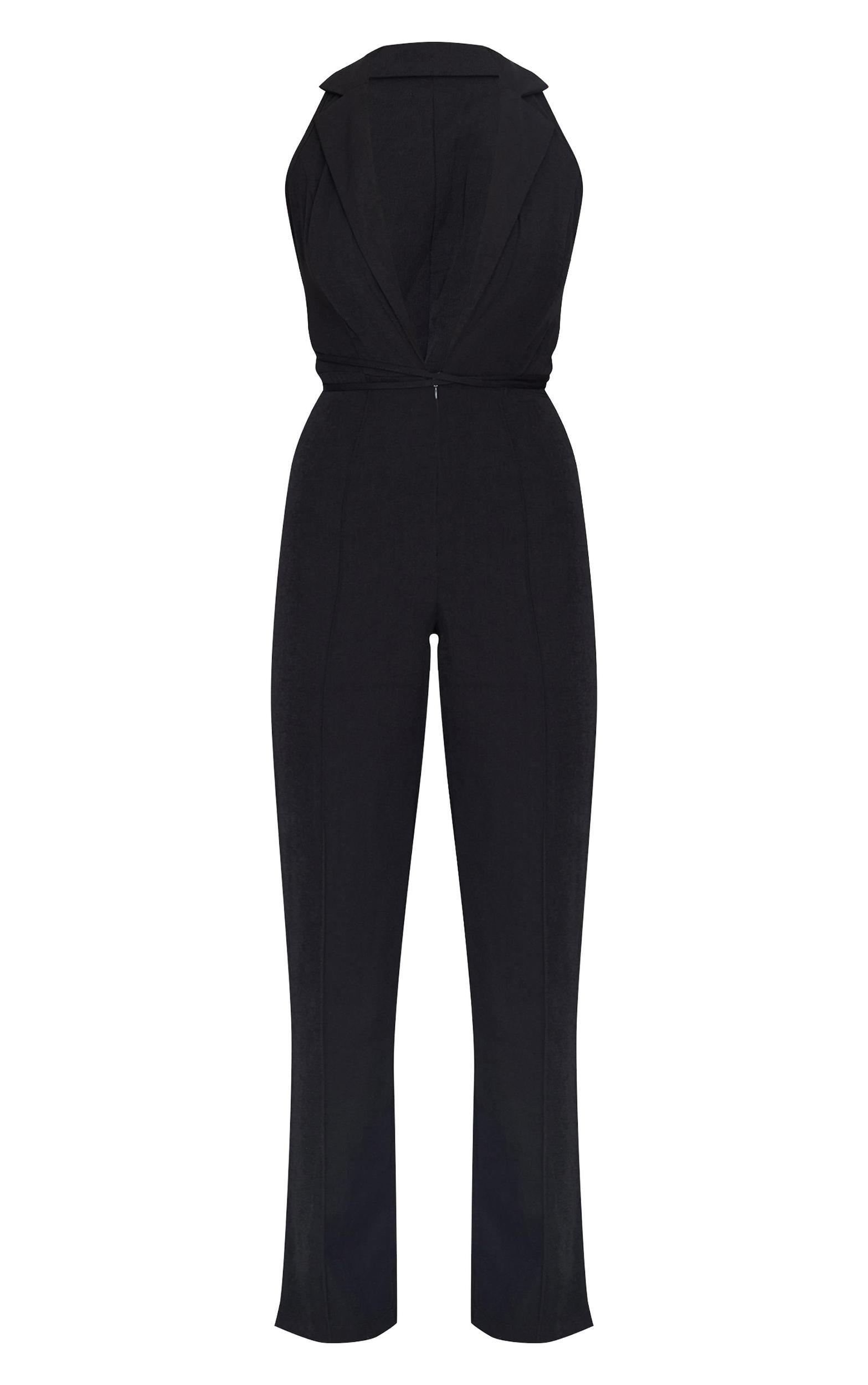 Black Tailored Woven Vest Lace Up Detail Jumpsuit Product Image