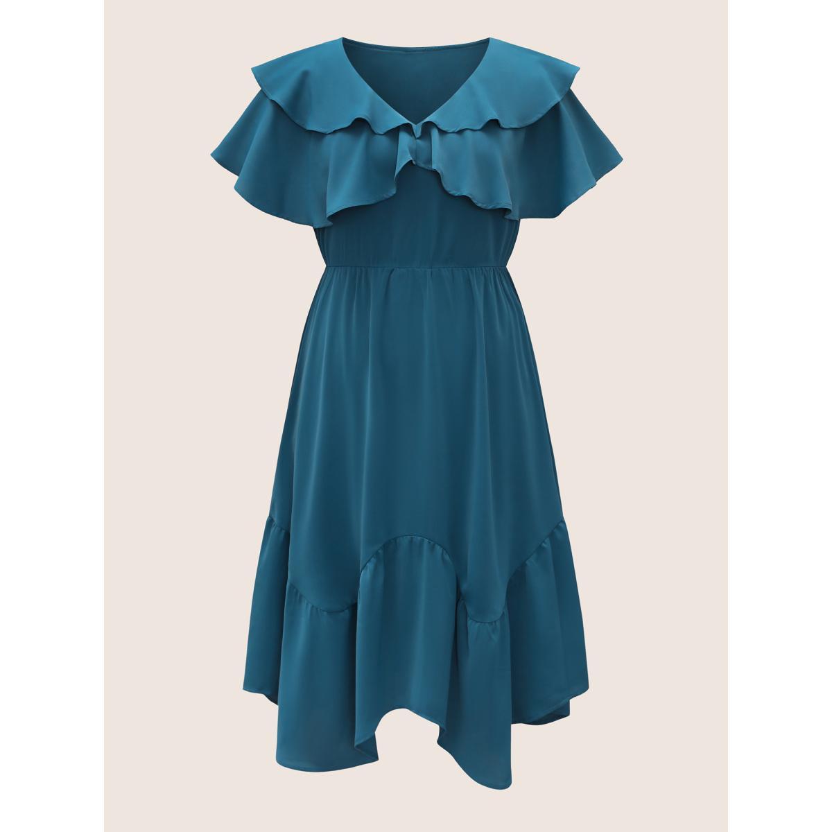 Plus Size Tiered Ruffle Cap Sleeve Asymmetrical Hem Dress Aegean Women Elegant Non V-neck Cap Sleeve Curvy Midi Dress BloomChic 18-20/2X Product Image