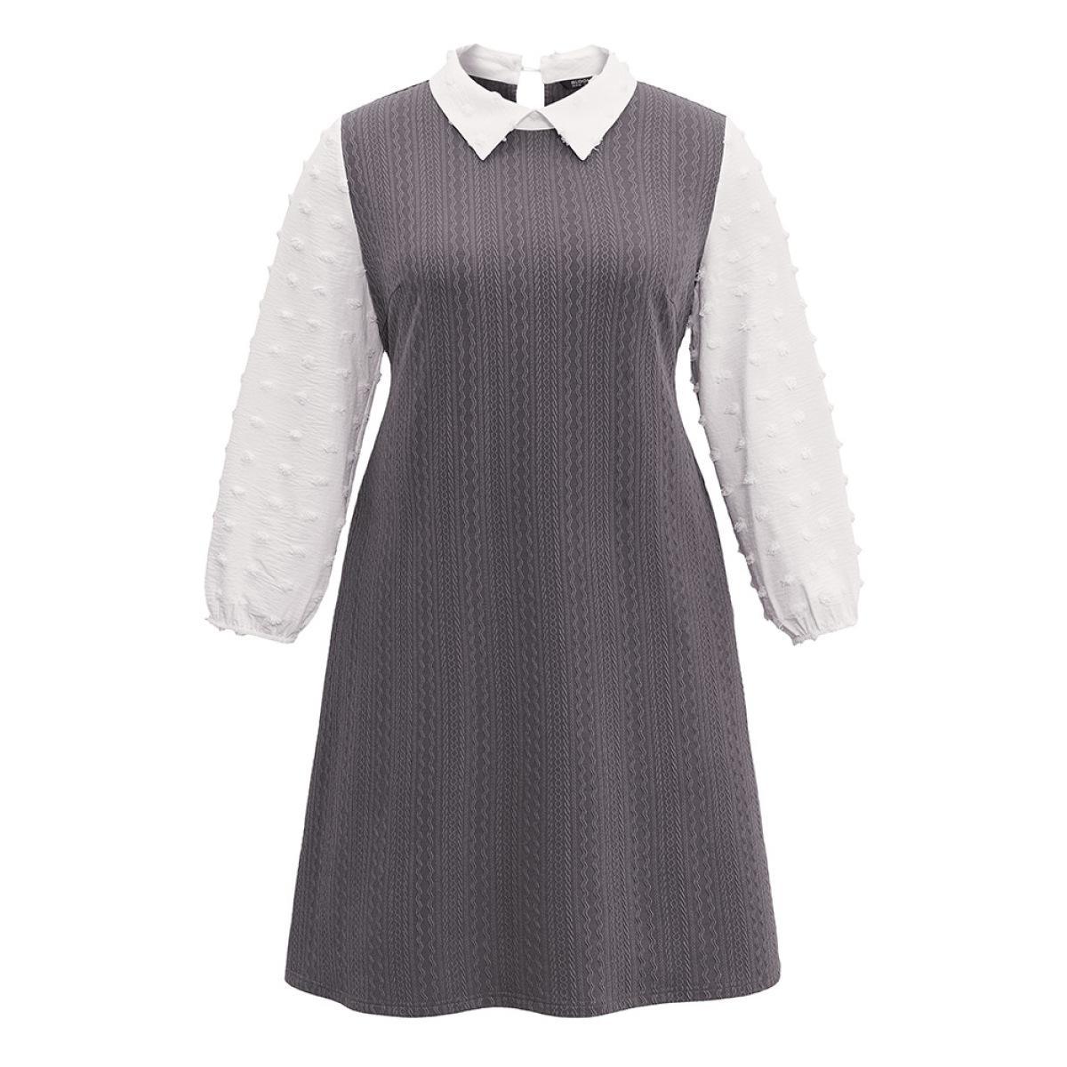 Plus Size Peter Pan Collar Contrast Textured Patchwork Dress Gray Women Office Elastic cuffs Peter Pan Collar Long Sleeve Curvy Midi Dress BloomChic 12/L Product Image