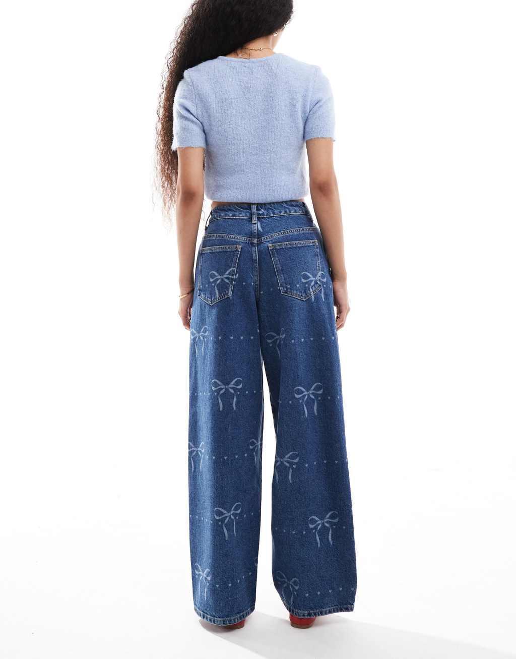 Miss Selfridge petite bow print baggy jeans Product Image