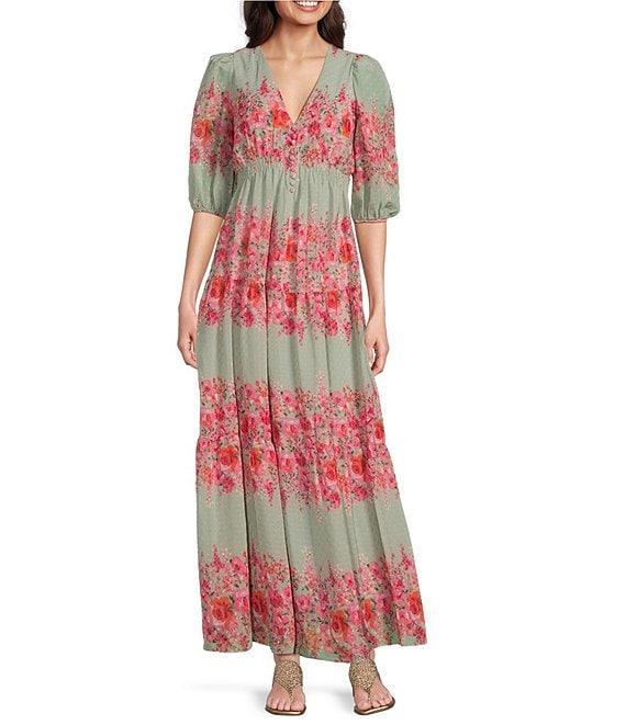Taylor Floral V-Neck Smock Waist Elbow Length Sleeve Maxi Dress Product Image