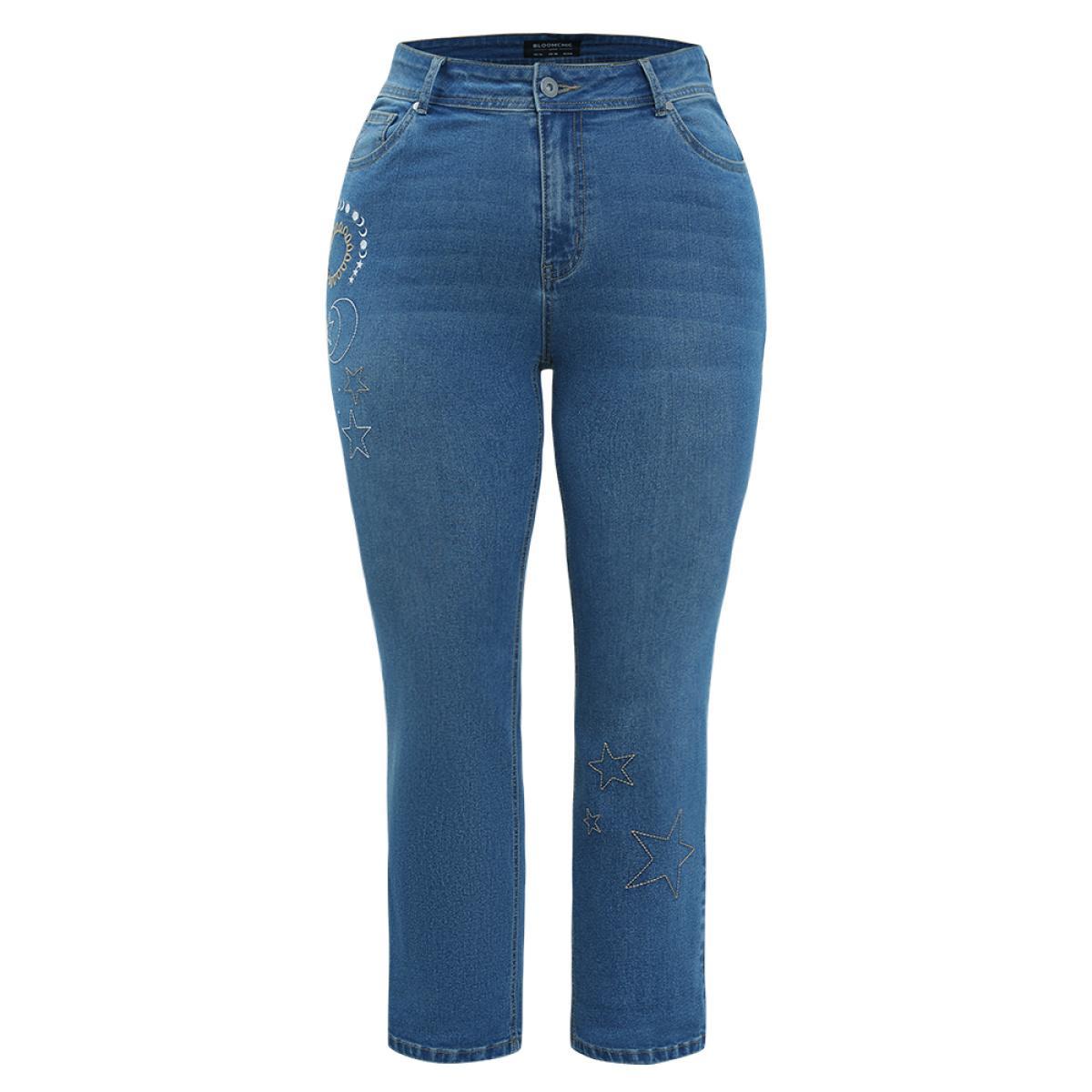 Plus Size Very Stretchy High Rise Moon & Star Embroidered Jeans Women Blue Casual Star and moon Roll Hem High stretch Pocket Jeans BloomChic 16/1X Product Image