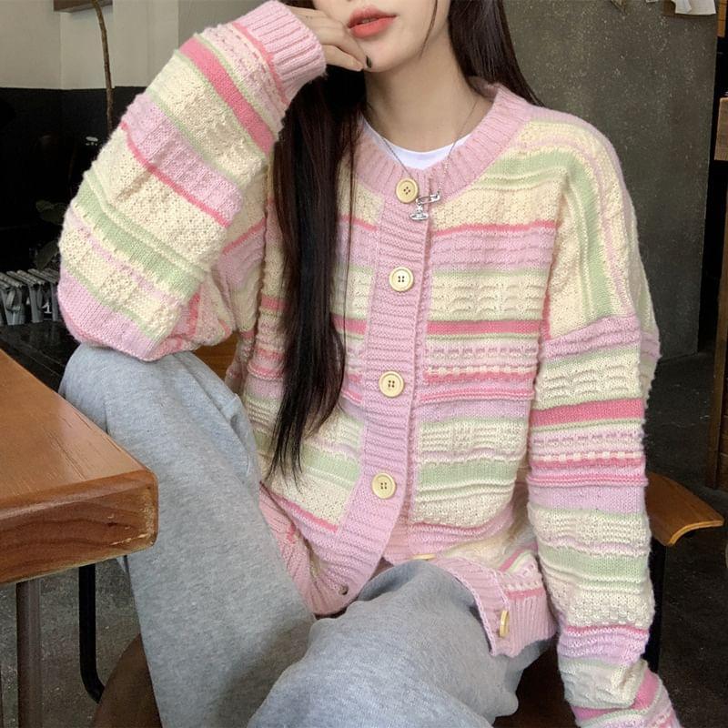 Round Neck Striped Button Up Cardigan Product Image
