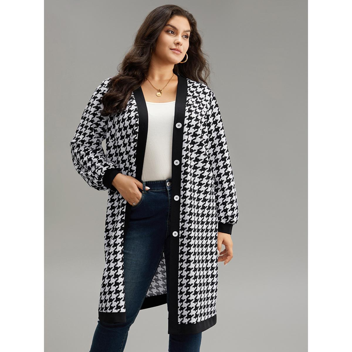 Plus Size Houndstooth Button Through Contrast Trim Jacket Women Black Contrast Dailywear Jackets BloomChic 18-20/2X Product Image