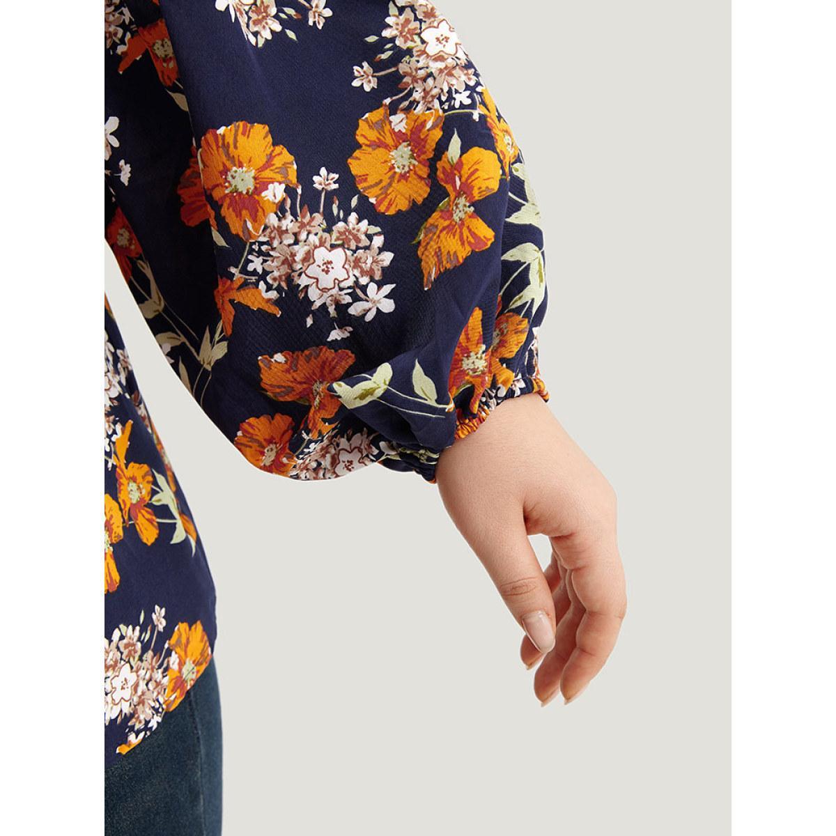 Plus Size Indigo Floral Print Bowknot Ties Lantern Sleeve Blouse Women Elegant Long Sleeve V-neck Dailywear Blouses BloomChic 18-20/2X Product Image