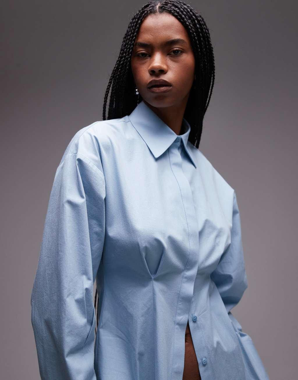 Topshop cinch waist poplin shirt in blue Product Image