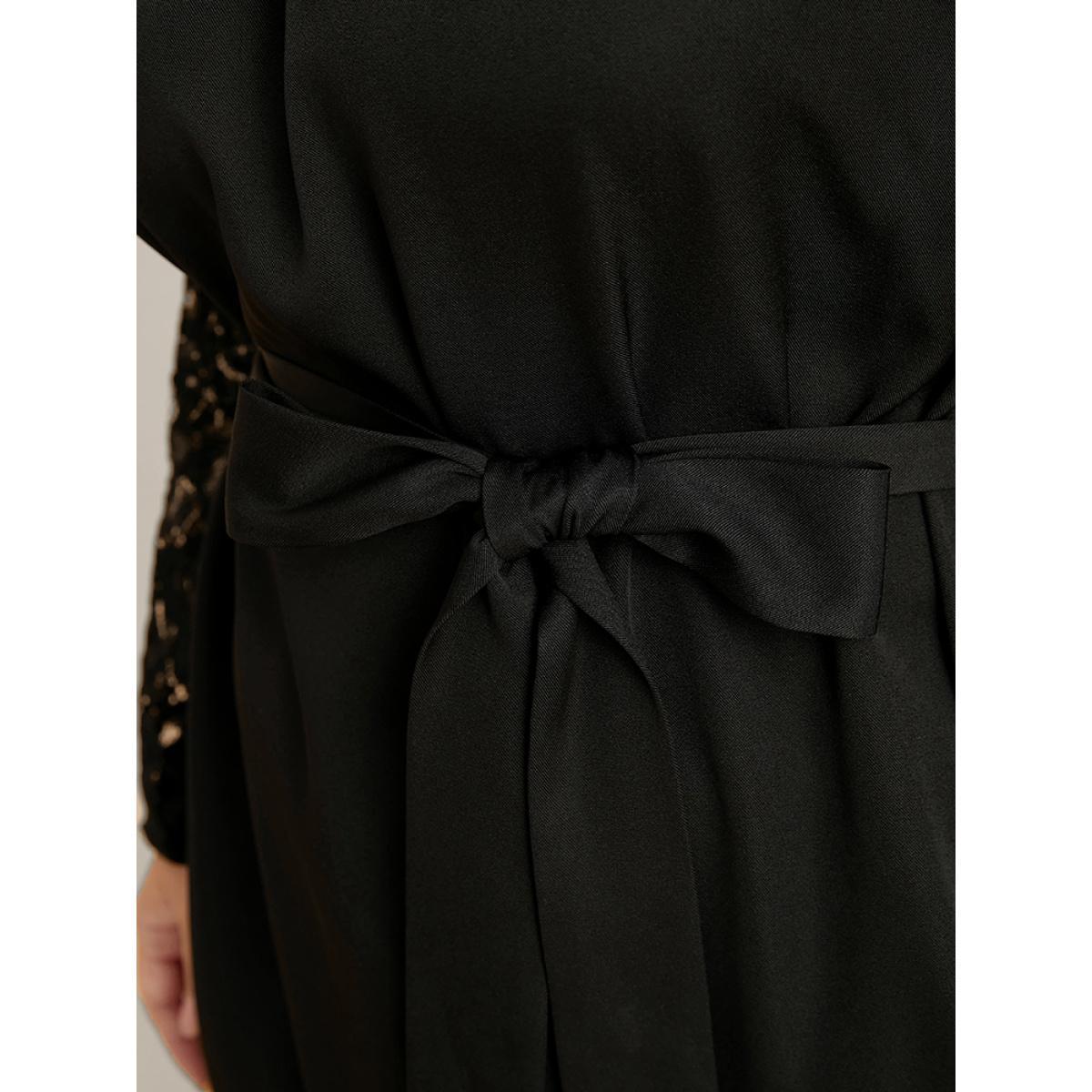 Plus Size Solid Round Neck Belted Contrast Lace Midi Dress Black Women Glamour Patchwork Round Neck Long Sleeve Curvy Midi Dress BloomChic 26/4X Product Image