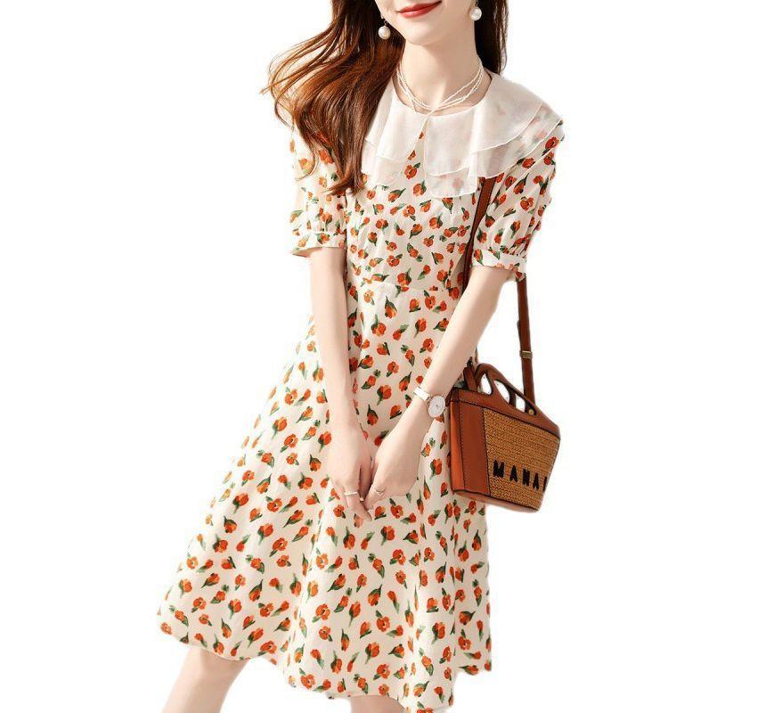 Short-Sleeve Collared Floral Midi A-Line Dress Product Image