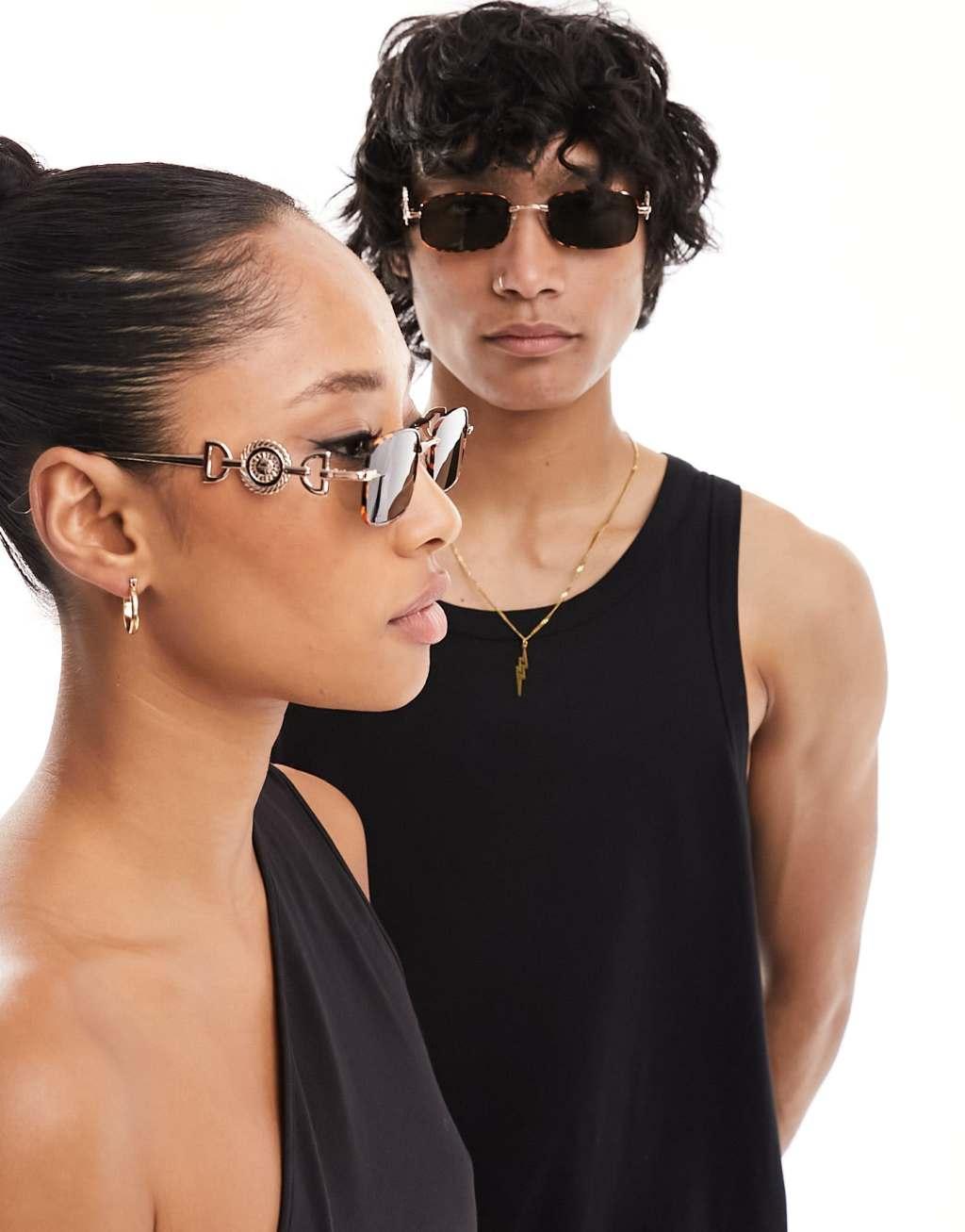 Reclaimed Vintage unisex 90s rectangle wire sunglasses in tort Product Image