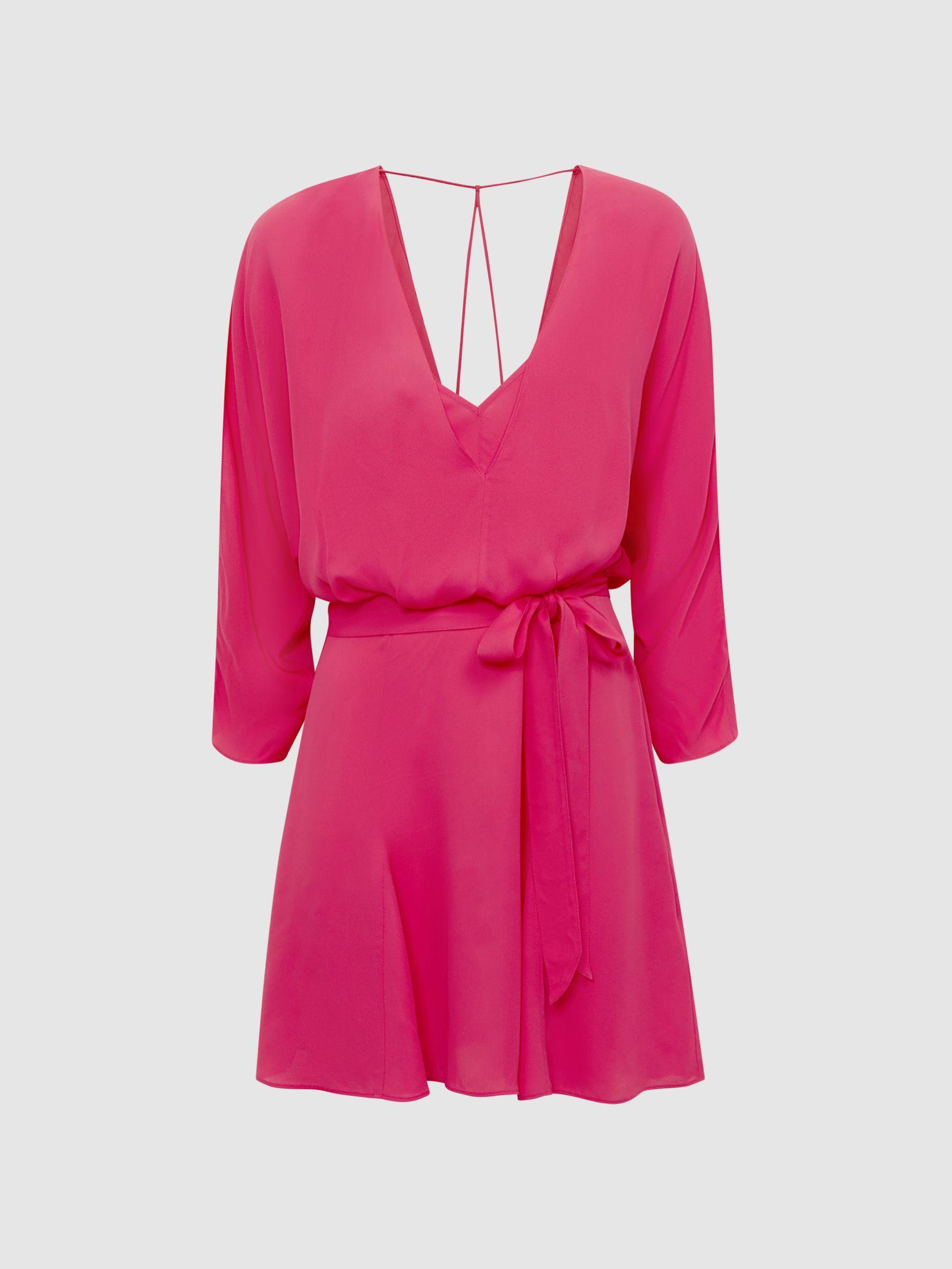 Open Back Split Sleeve Mini Dress in Bright Pink Product Image