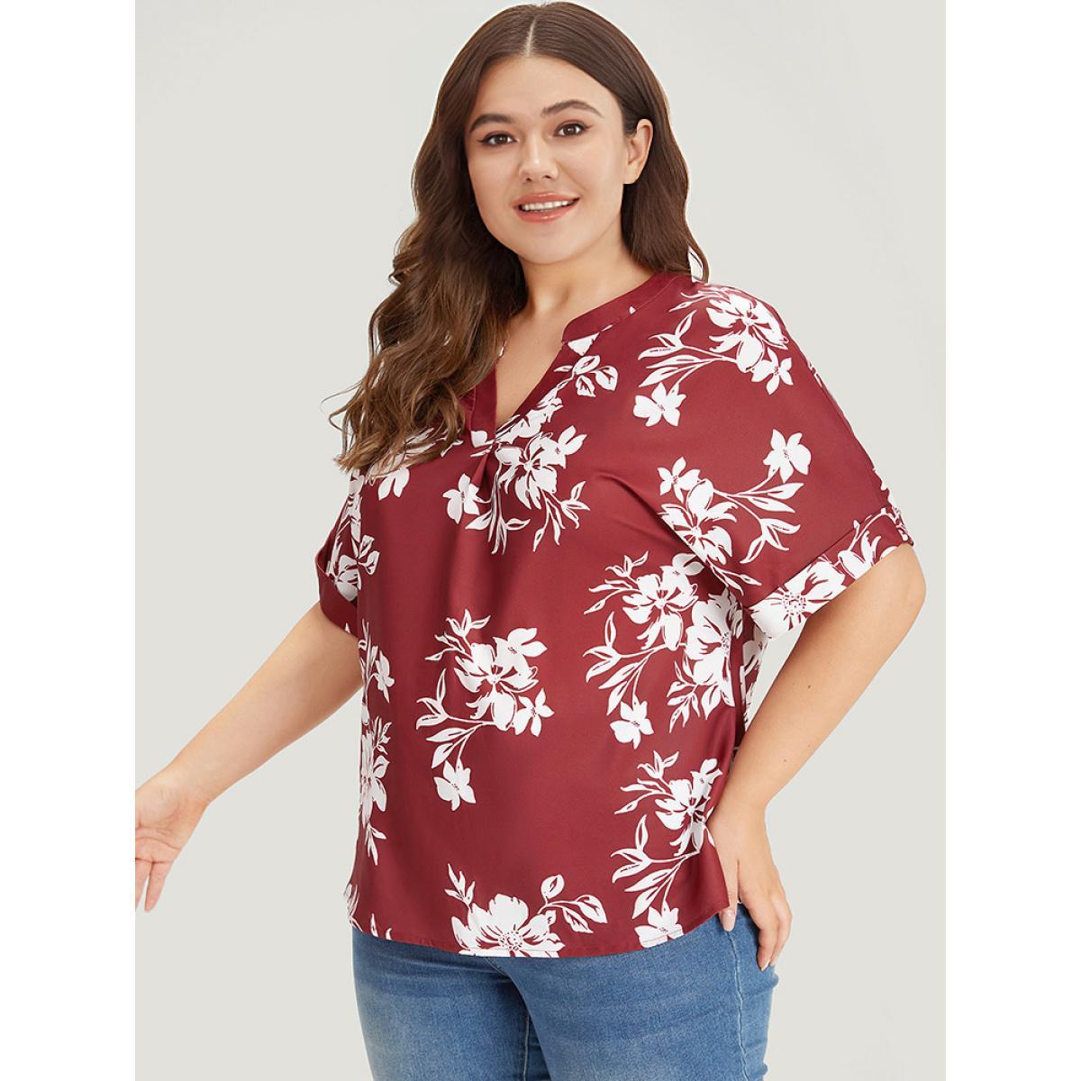 Plus Size Multicolor Silhouette Floral Print Notched Roll Sleeve Blouse Women Elegant Short sleeve V-neck Dailywear Blouses BloomChic 10/M Product Image