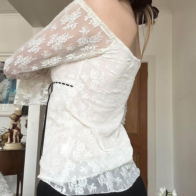Bell Sleeve V-Neck Floral Embroidered Lace Panel See-Through Slim-Fit Top Product Image
