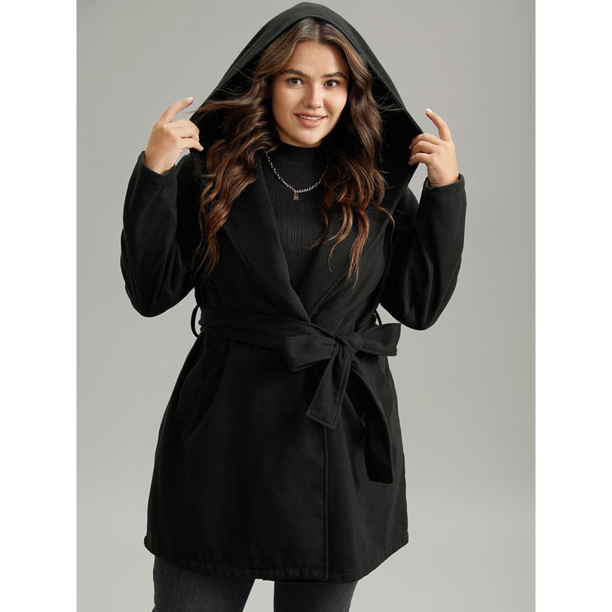 Plus Size Plain Belted Hooded Tunic Pocket Coat Women Black Casual Plain Ladies Dailywear Winter Coats BloomChic 30/6X Product Image