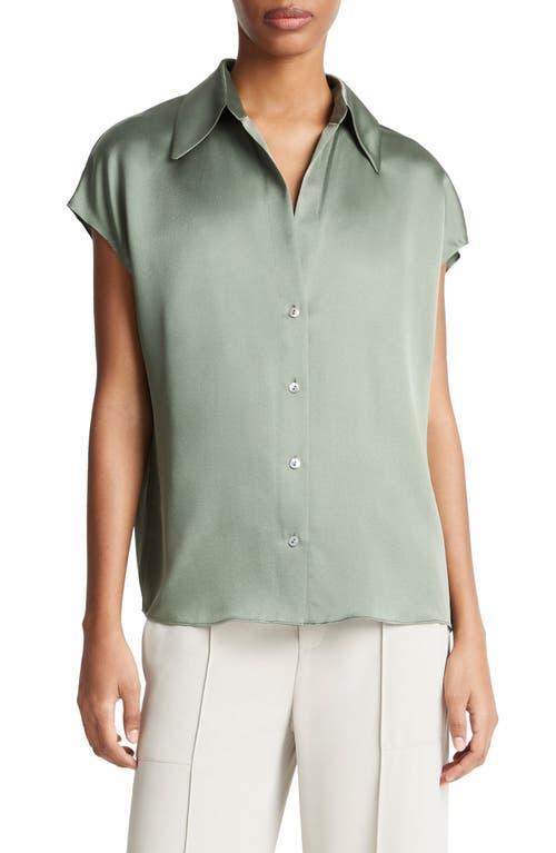 Cap-Sleeve Ruched-Back Silk Blouse Product Image