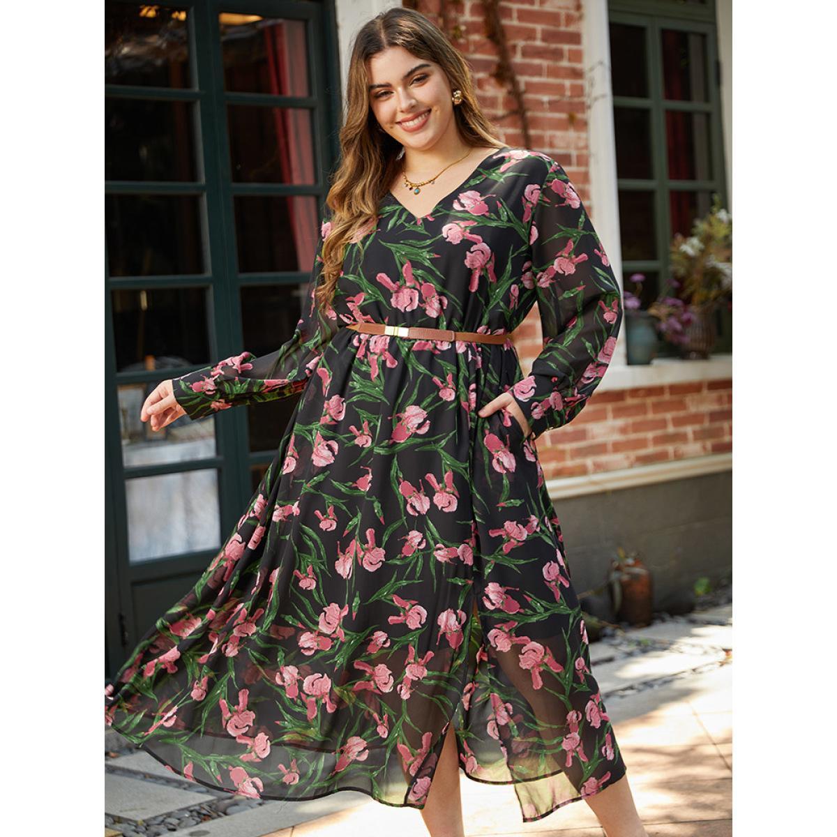 Plus Size Floral Print Chiffon Split Side Elastic Waist Dress Black Women Elegant Printed V-neck Long Sleeve Curvy Midi Dress BloomChic 30/6X Product Image