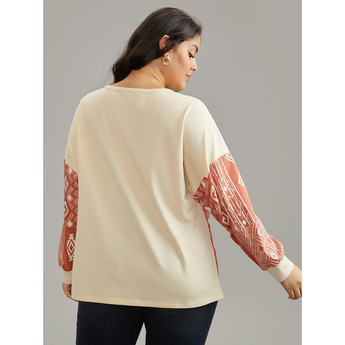 Plus Size Boho Print Patchwork Contrast Button Up Sweatshirt Women Multicolor Casual Contrast Open Front Dailywear Sweatshirts BloomChic 14-16/1X Product Image