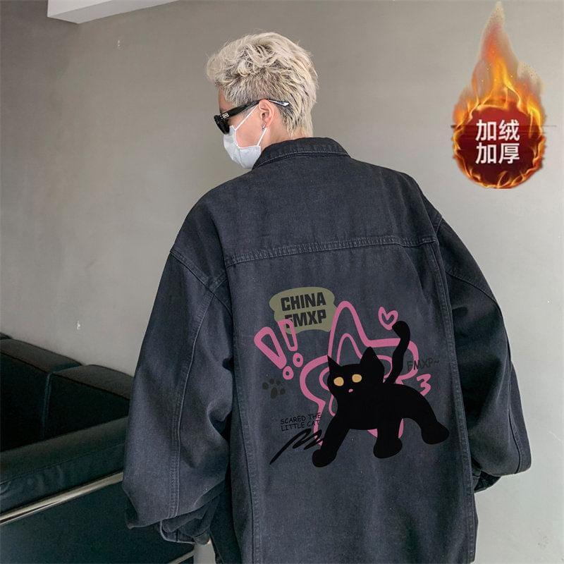 Cat Print Washed Pocket Detail Denim Single-Breasted Jacket Product Image