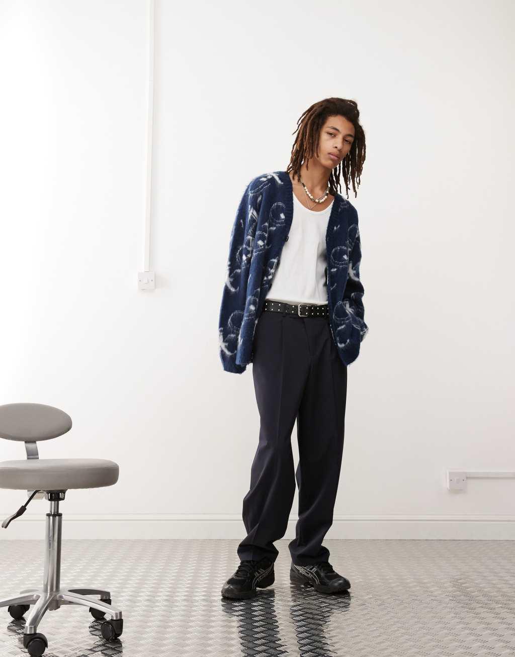 COLLUSION oversized fluffy logo knitted cardigan in blue Product Image