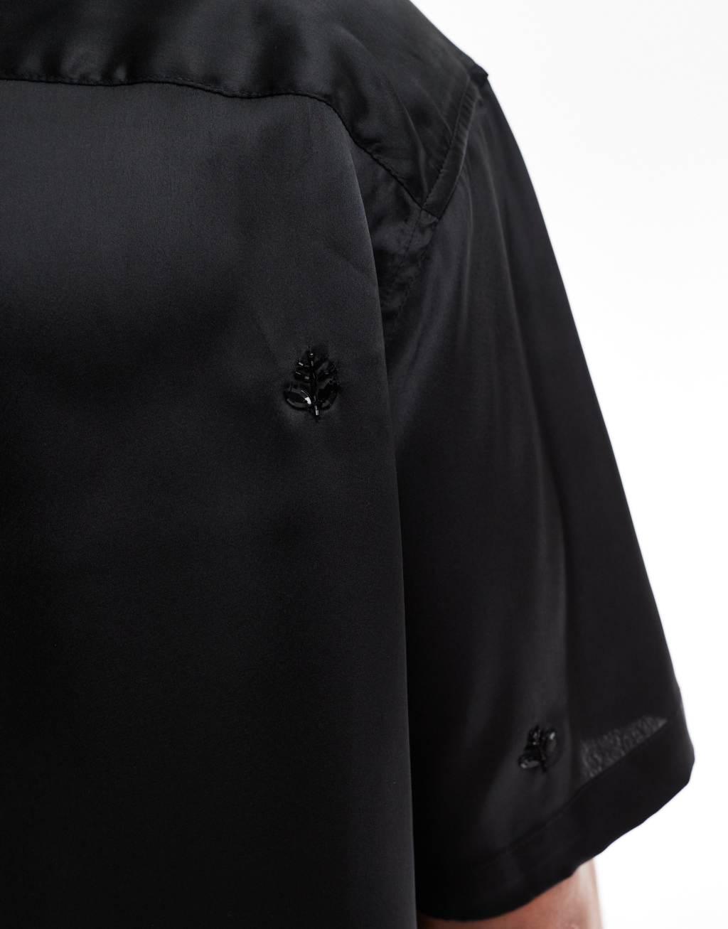ASOS DESIGN oversized boxy revere embellished satin shirt in black Product Image