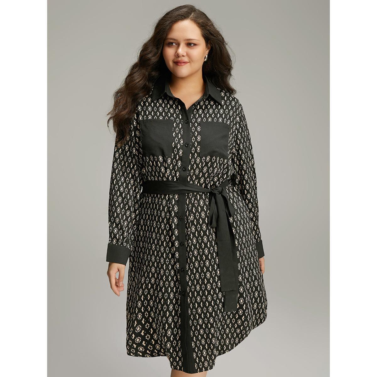Plus Size Geometric Patched Pocket Arc Hem Dress Black Women Office Belted Shirt collar Long Sleeve Curvy Midi Dress BloomChic 28/5X Product Image