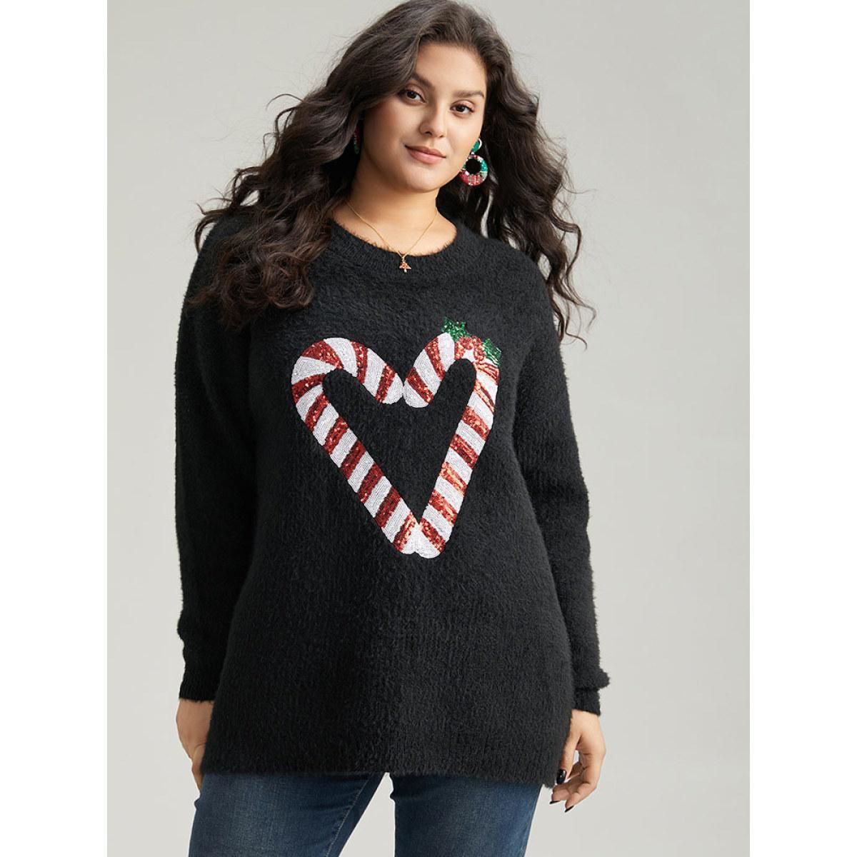 Plus Size Sequin Christmas Heart Graphic Pullover Black Women Casual Loose Long Sleeve Round Neck Festival-Christmas Pullovers BloomChic 30/6X Product Image