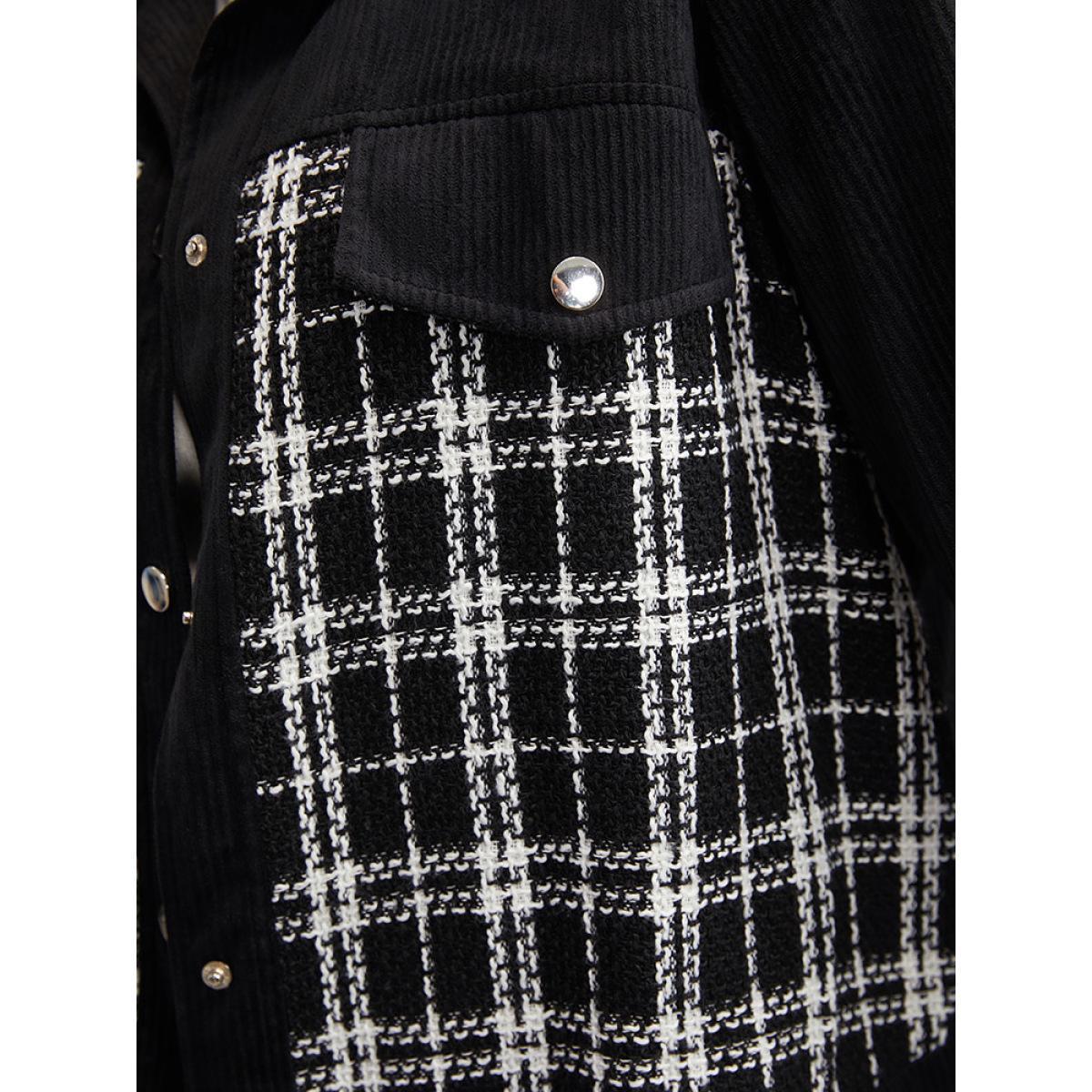 Plus Size Plaid Metal Detail Patchwork Shacket Women Black Elegant Texture Ladies Everyday Winter Coats BloomChic 10/M Product Image