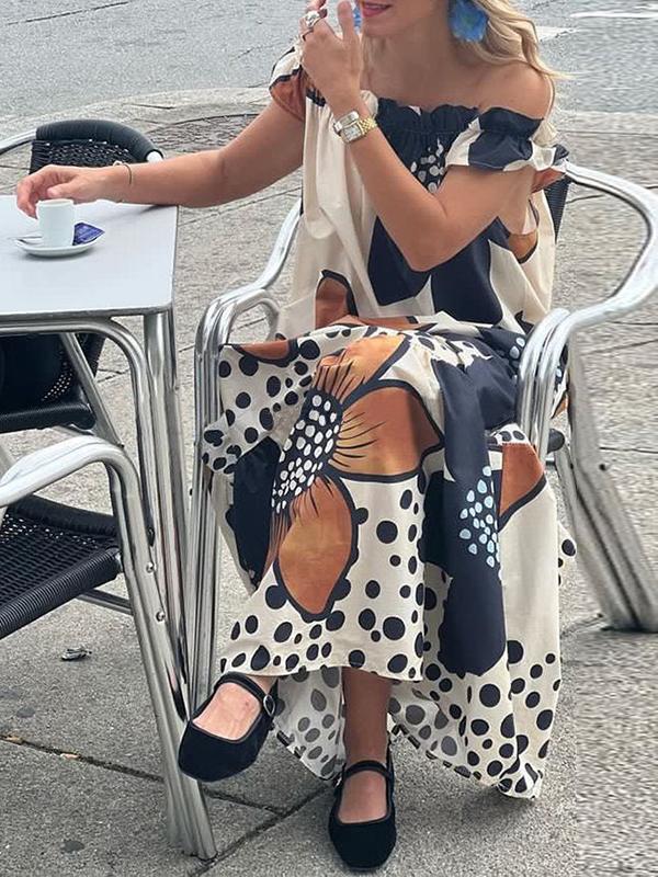 Loose Short Sleeves Flower Print Split-Joint Off-The-Shoulder Maxi Dresses Product Image