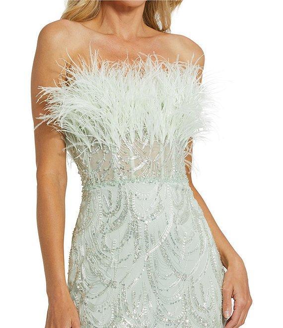 Mac Duggal Feather Trim Strapless Corset Bodice Embroidered Sheath Gown Product Image