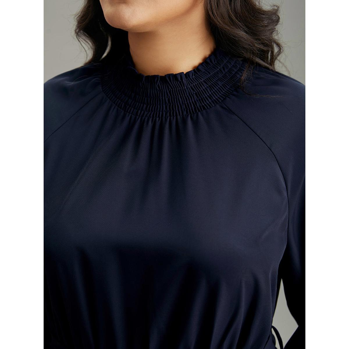 Plus Size Anti-Wrinkle Plain Shirred Mock Neck Belted Dress DarkBlue Women Elegant Elastic cuffs Mock Neck Long Sleeve Curvy Midi Dress BloomChic 18-20/2X Product Image