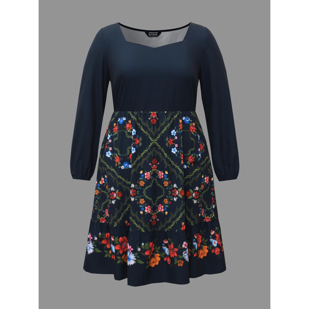 Plus Size Floral Printed Heart neckline Lantern Sleeve Dress DarkBlue Women Elegant Patchwork Heart neckline Long Sleeve Curvy BloomChic 10/M Product Image